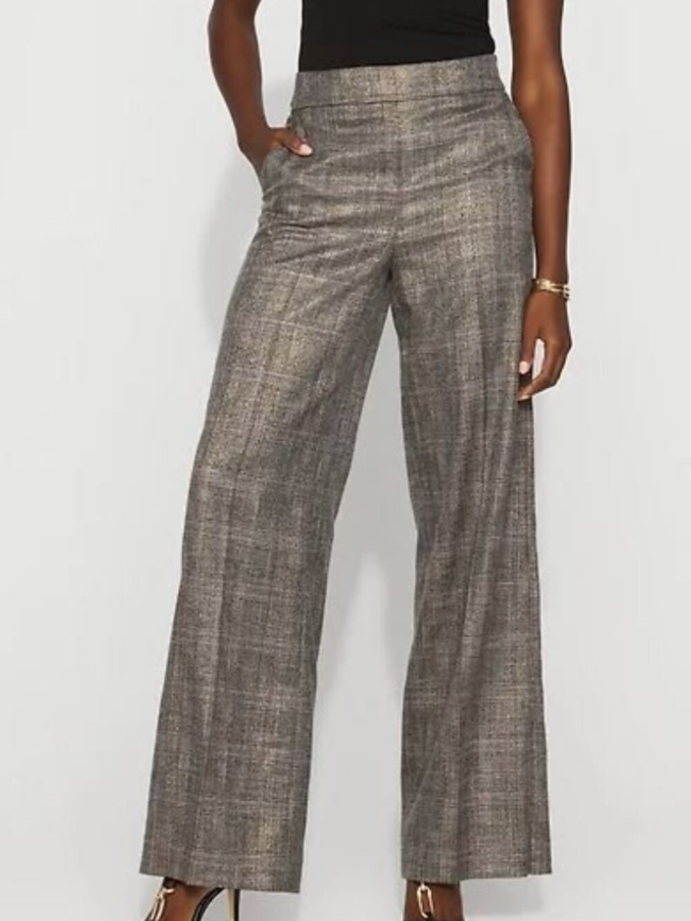 White House Black Market Women's Metallic Plaid Wide Leg Pant Size 12